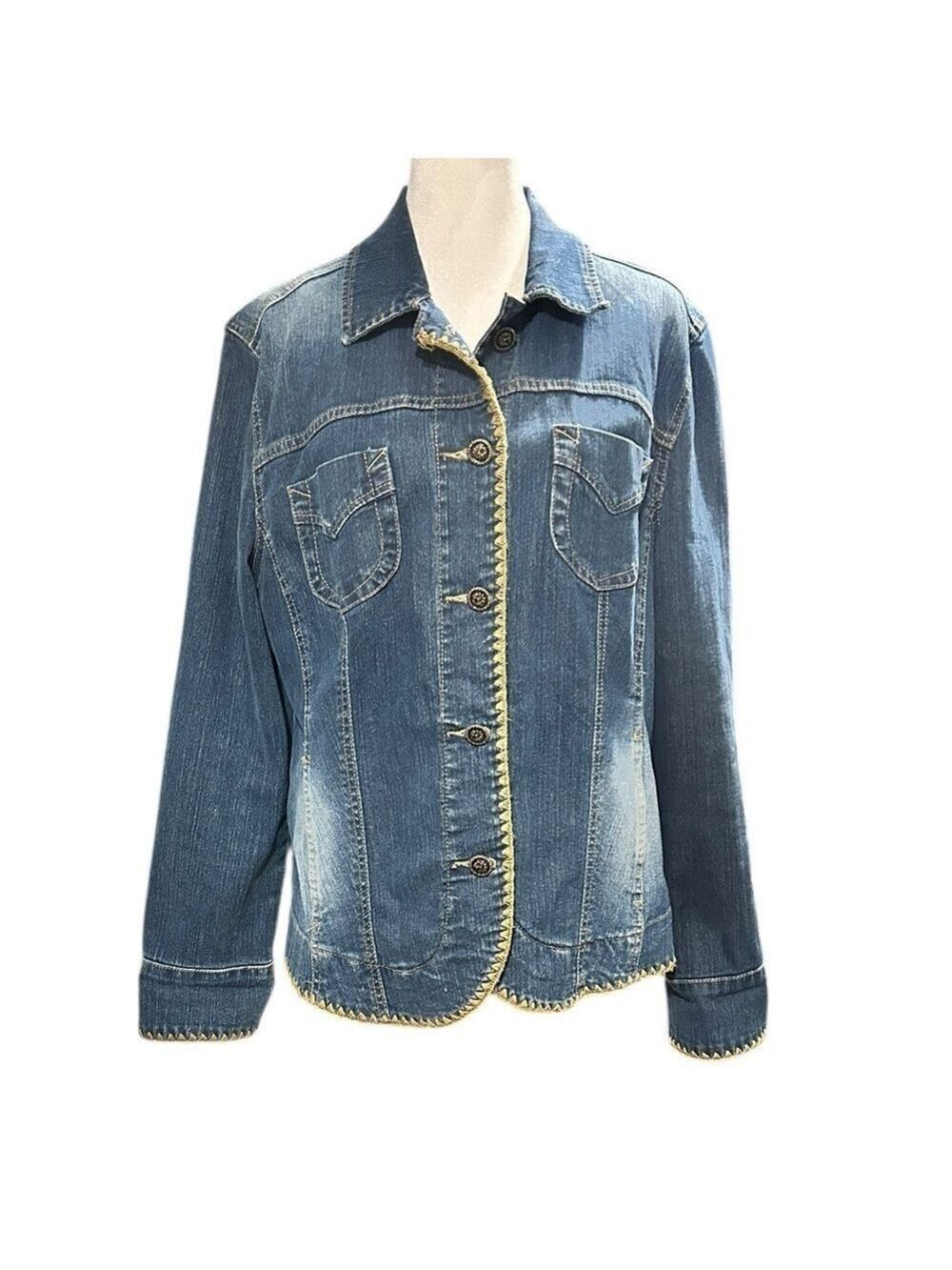 KIKIT Vintage Denim Jean Jacket Whipstitch Edges Stretchy Pockets VGC Size XL